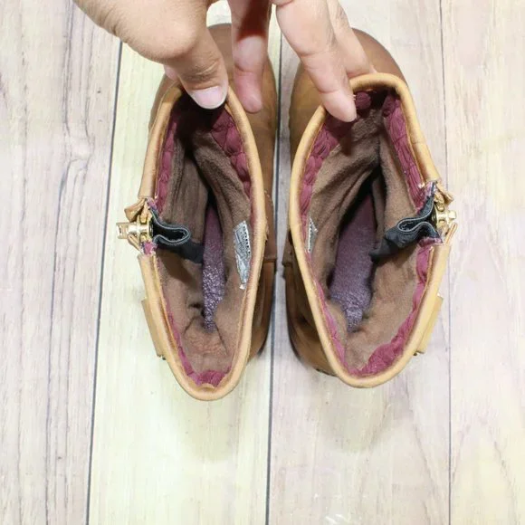 SOREL Brown Leather Gold Logo Round Toe Side Zip Winter Boots Size 8 - Picture 7 of 10